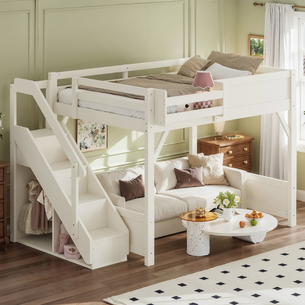 English Elm Full Size Pine Wood Loft Bed with Integrated Wardrobe Stairs and Guardrails for Kids W1580S00650