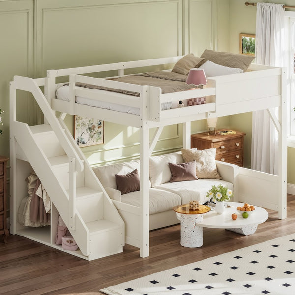 English Elm Full Size Pine Wood Loft Bed with Integrated Wardrobe Stairs and Guardrails for Kids W1580S00650