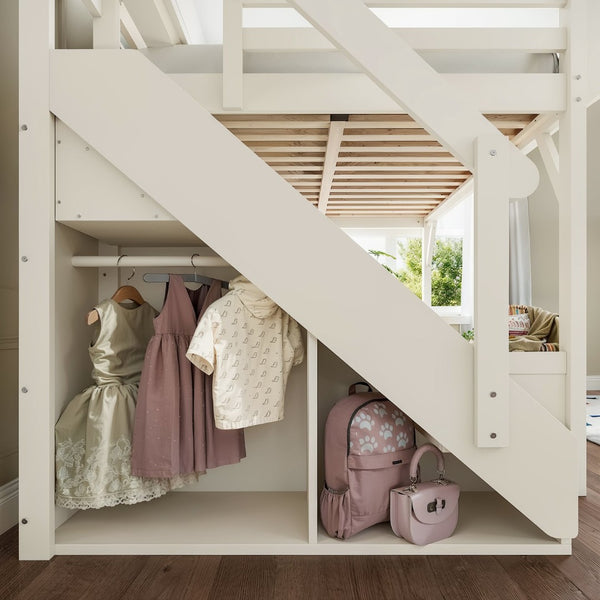 English Elm Full Size Pine Wood Loft Bed with Integrated Wardrobe Stairs and Guardrails for Kids W1580S00650