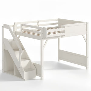 English Elm Full Size Pine Wood Loft Bed with Integrated Wardrobe Stairs and Guardrails for Kids W1580S00650