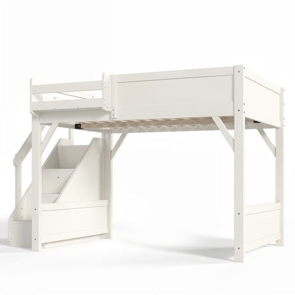 English Elm Full Size Pine Wood Loft Bed with Integrated Wardrobe Stairs and Guardrails for Kids W1580S00650