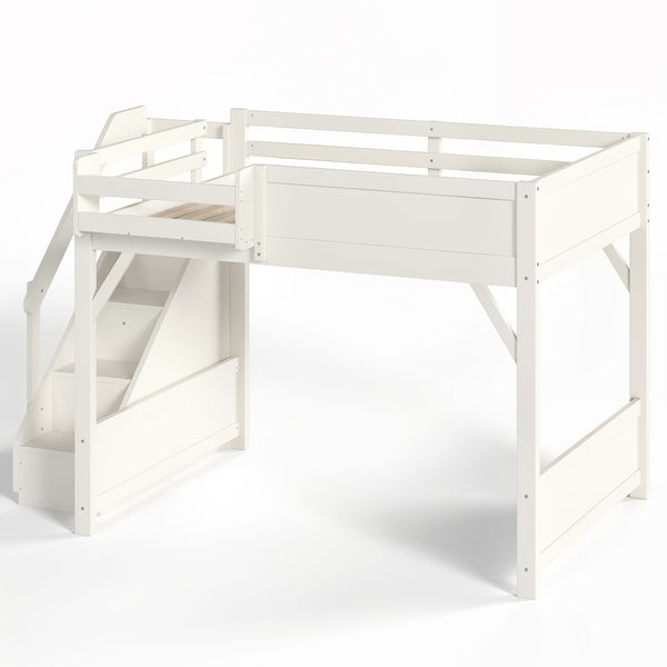 English Elm Full Size Pine Wood Loft Bed with Integrated Wardrobe Stairs and Guardrails for Kids W1580S00650