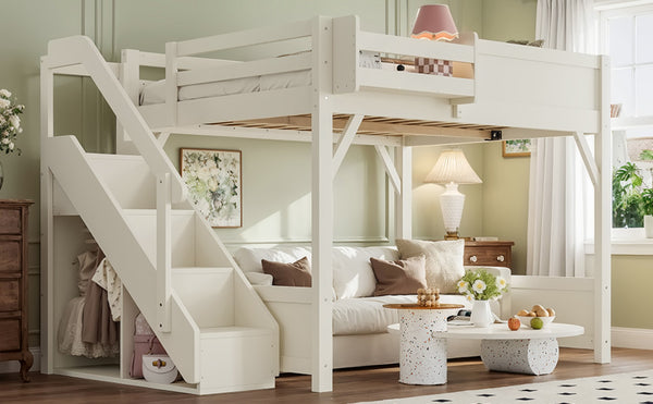 English Elm Full Size Pine Wood Loft Bed with Integrated Wardrobe Stairs and Guardrails for Kids W1580S00650