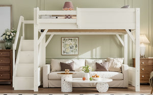 English Elm Full Size Pine Wood Loft Bed with Integrated Wardrobe Stairs and Guardrails for Kids W1580S00650