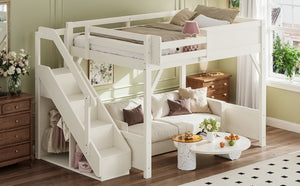 English Elm Full Size Pine Wood Loft Bed with Integrated Wardrobe Stairs and Guardrails for Kids W1580S00650
