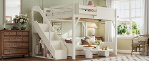 English Elm Full Size Pine Wood Loft Bed with Integrated Wardrobe Stairs and Guardrails for Kids W1580S00650