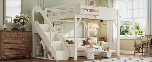 English Elm Full Size Pine Wood Loft Bed with Integrated Wardrobe Stairs and Guardrails for Kids W1580S00650