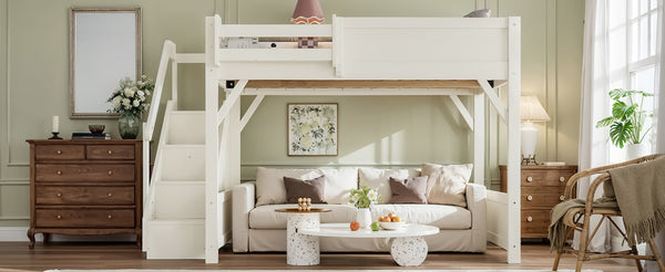 English Elm Full Size Pine Wood Loft Bed with Integrated Wardrobe Stairs and Guardrails for Kids W1580S00650