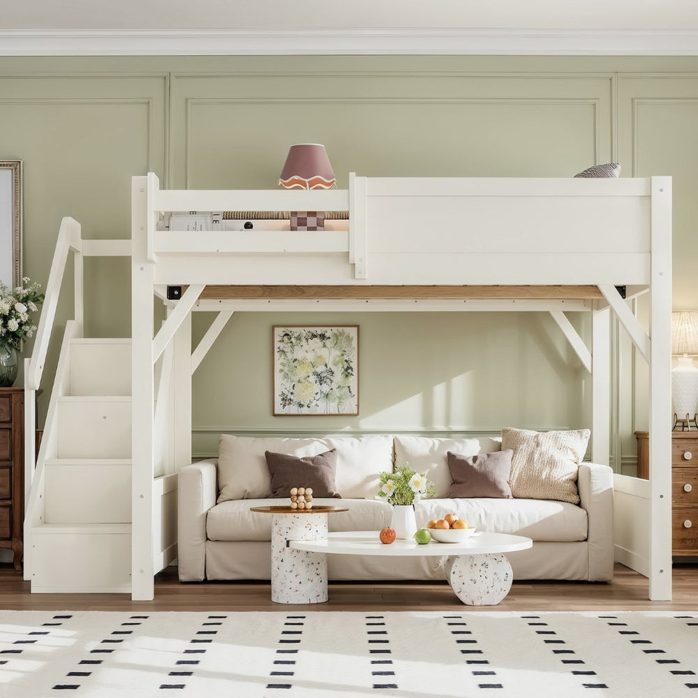 English Elm Full Size Pine Wood Loft Bed with Integrated Wardrobe Stairs and Guardrails for Kids W1580S00650