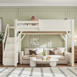 English Elm Full Size Pine Wood Loft Bed with Integrated Wardrobe Stairs and Guardrails for Kids W1580S00650