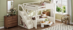 English Elm Full Size Pine Wood Loft Bed with Integrated Wardrobe Stairs and Guardrails for Kids W1580S00650