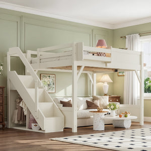 English Elm Full Size Pine Wood Loft Bed with Integrated Wardrobe Stairs and Guardrails for Kids W1580S00650