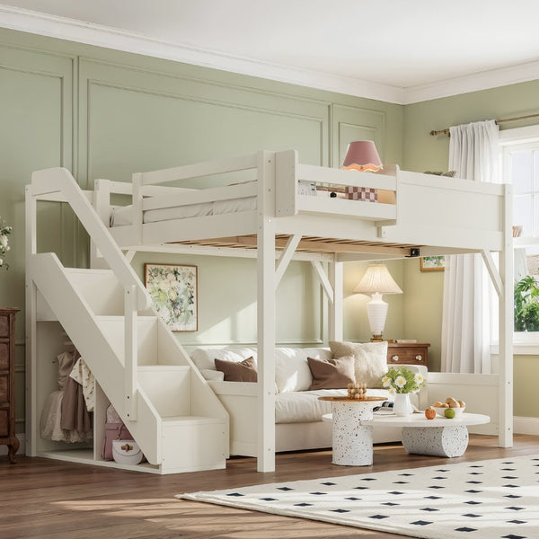 English Elm Full Size Pine Wood Loft Bed with Integrated Wardrobe Stairs and Guardrails for Kids W1580S00650