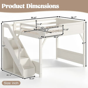 English Elm Full Size Pine Wood Loft Bed with Integrated Wardrobe Stairs and Guardrails for Kids W1580S00650