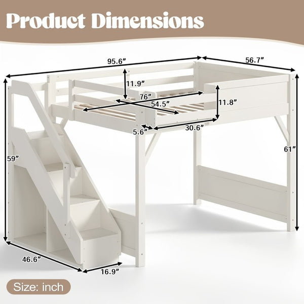 English Elm Full Size Pine Wood Loft Bed with Integrated Wardrobe Stairs and Guardrails for Kids W1580S00650