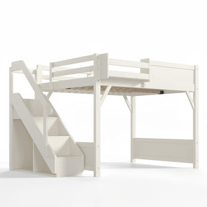 English Elm Full Size Pine Wood Loft Bed with Integrated Wardrobe Stairs and Guardrails for Kids W1580S00650