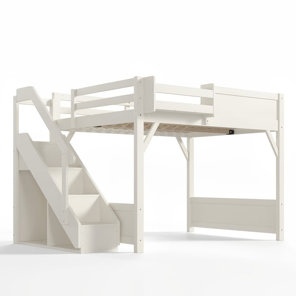 English Elm Full Size Pine Wood Loft Bed with Integrated Wardrobe Stairs and Guardrails for Kids W1580S00650