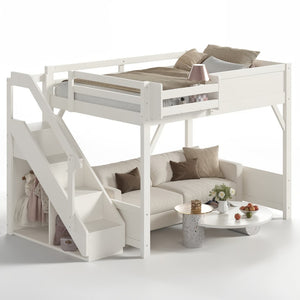 English Elm Full Size Pine Wood Loft Bed with Integrated Wardrobe Stairs and Guardrails for Kids W1580S00650