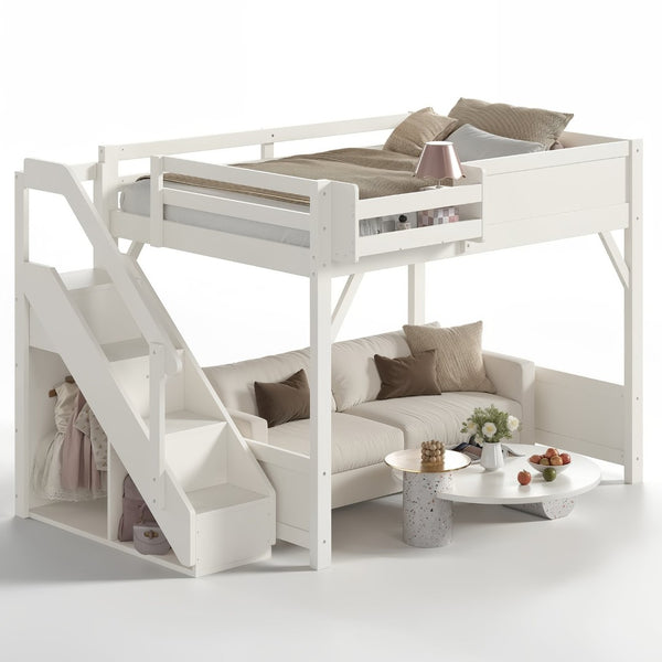 English Elm Full Size Pine Wood Loft Bed with Integrated Wardrobe Stairs and Guardrails for Kids W1580S00650