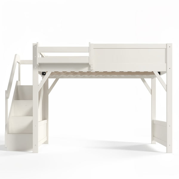 English Elm Full Size Pine Wood Loft Bed with Integrated Wardrobe Stairs and Guardrails for Kids W1580S00650
