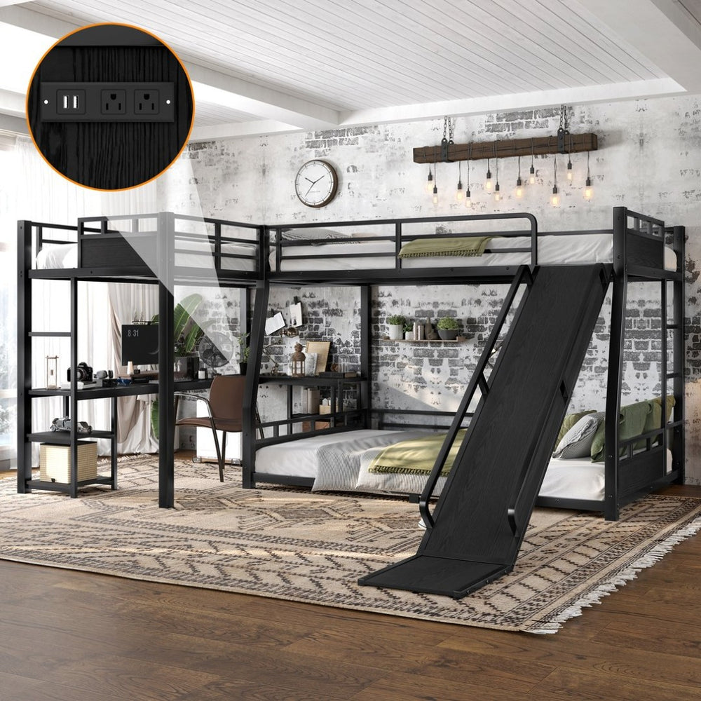 English Elm L-shaped Metal Triple Bunk Bed with Slide Desk Shelves and Usb Ports for Kids W1580S00651