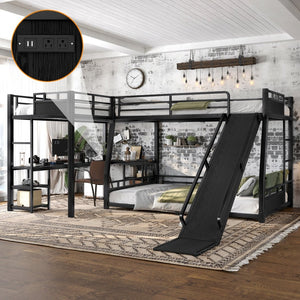 English Elm L-shaped Metal Triple Bunk Bed with Slide Desk Shelves and Usb Ports for Kids W1580S00651
