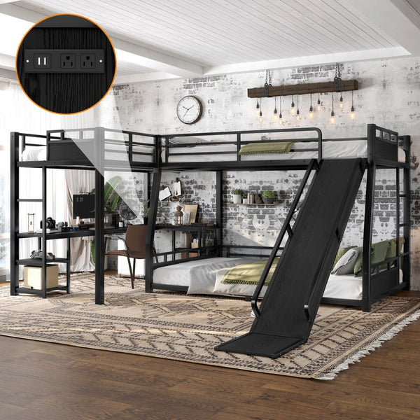 English Elm L-shaped Metal Triple Bunk Bed with Slide Desk Shelves and Usb Ports for Kids W1580S00651