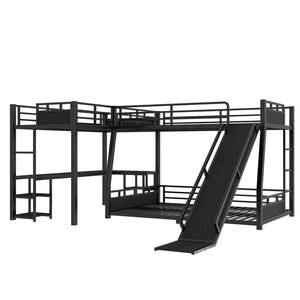 English Elm L-shaped Metal Triple Bunk Bed with Slide Desk Shelves and Usb Ports for Kids W1580S00651