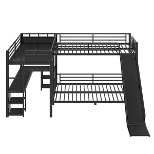 English Elm L-shaped Metal Triple Bunk Bed with Slide Desk Shelves and Usb Ports for Kids W1580S00651