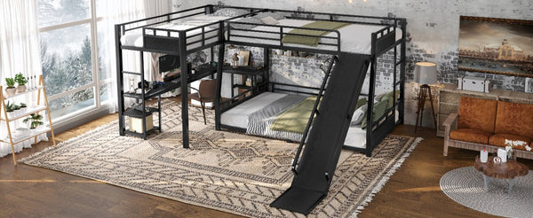 English Elm L-shaped Metal Triple Bunk Bed with Slide Desk Shelves and Usb Ports for Kids W1580S00651