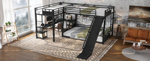English Elm L-shaped Metal Triple Bunk Bed with Slide Desk Shelves and Usb Ports for Kids W1580S00651