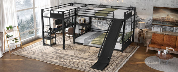 English Elm L-shaped Metal Triple Bunk Bed with Slide Desk Shelves and Usb Ports for Kids W1580S00651