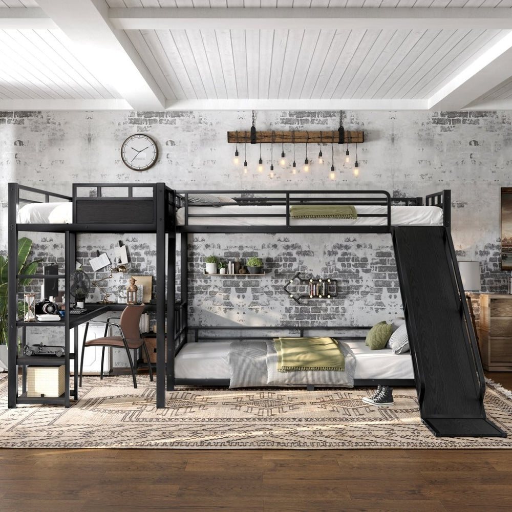 English Elm L-shaped Metal Triple Bunk Bed with Slide Desk Shelves and Usb Ports for Kids W1580S00651