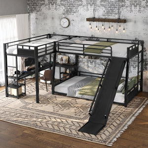 English Elm L-shaped Metal Triple Bunk Bed with Slide Desk Shelves and Usb Ports for Kids W1580S00651