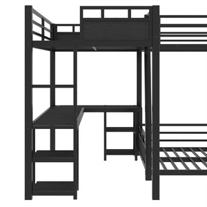 English Elm L-shaped Metal Triple Bunk Bed with Slide Desk Shelves and Usb Ports for Kids W1580S00651