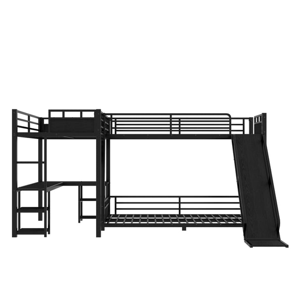 English Elm L-shaped Metal Triple Bunk Bed with Slide Desk Shelves and Usb Ports for Kids W1580S00651