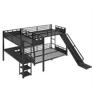 English Elm L-shaped Metal Triple Bunk Bed with Slide Desk Shelves and Usb Ports for Kids W1580S00651