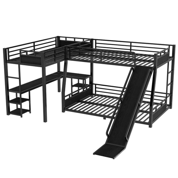 English Elm L-shaped Metal Triple Bunk Bed with Slide Desk Shelves and Usb Ports for Kids W1580S00651
