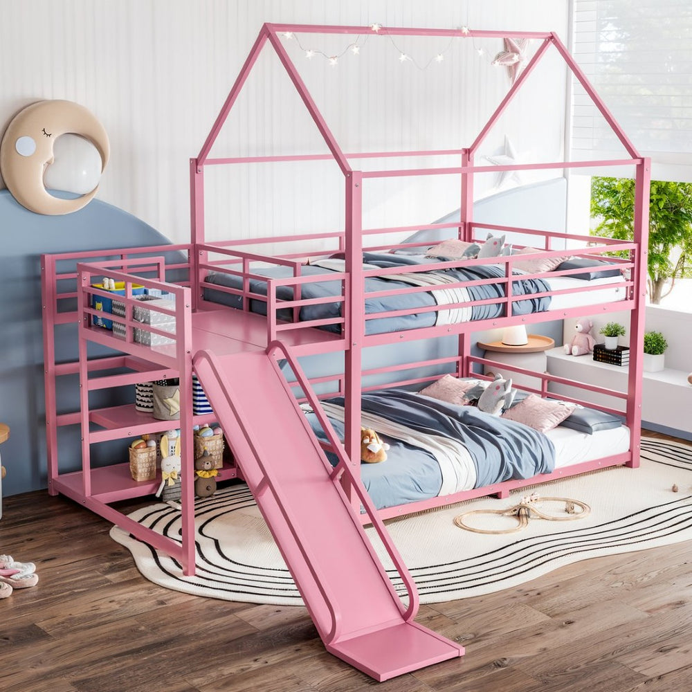 English Elm Full Size Metal Bunk Bed with House Frame Slide and Storage Stair Steps for Kids W1580S00653
