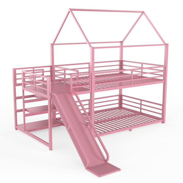 English Elm Full Size Metal Bunk Bed with House Frame Slide and Storage Stair Steps for Kids W1580S00653