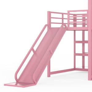 English Elm Full Size Metal Bunk Bed with House Frame Slide and Storage Stair Steps for Kids W1580S00653