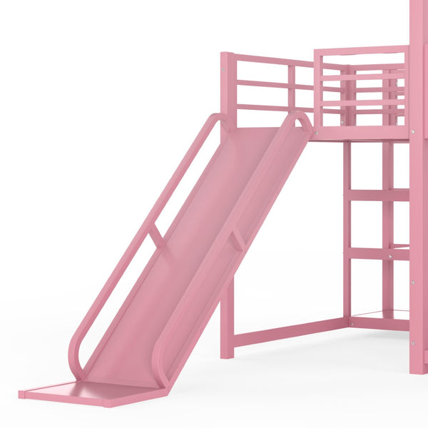English Elm Full Size Metal Bunk Bed with House Frame Slide and Storage Stair Steps for Kids W1580S00653