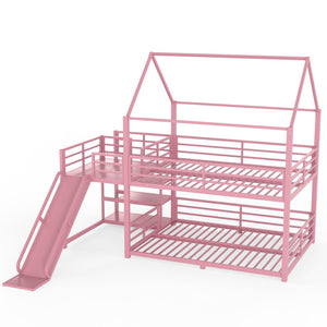 English Elm Full Size Metal Bunk Bed with House Frame Slide and Storage Stair Steps for Kids W1580S00653