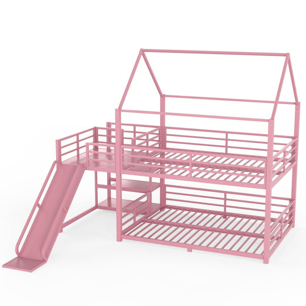 English Elm Full Size Metal Bunk Bed with House Frame Slide and Storage Stair Steps for Kids W1580S00653