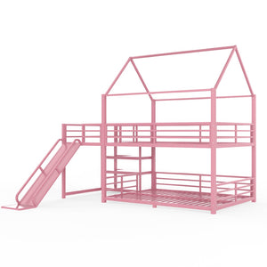 English Elm Full Size Metal Bunk Bed with House Frame Slide and Storage Stair Steps for Kids W1580S00653