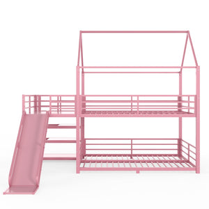 English Elm Full Size Metal Bunk Bed with House Frame Slide and Storage Stair Steps for Kids W1580S00653