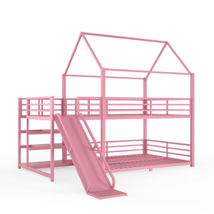 English Elm Full Size Metal Bunk Bed with House Frame Slide and Storage Stair Steps for Kids W1580S00653