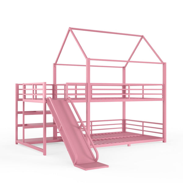 English Elm Full Size Metal Bunk Bed with House Frame Slide and Storage Stair Steps for Kids W1580S00653
