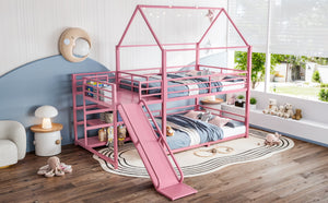 English Elm Full Size Metal Bunk Bed with House Frame Slide and Storage Stair Steps for Kids W1580S00653
