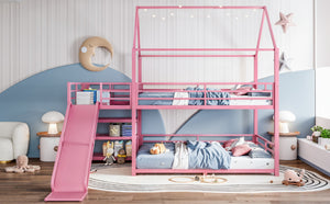 English Elm Full Size Metal Bunk Bed with House Frame Slide and Storage Stair Steps for Kids W1580S00653
